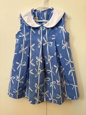 Classic Blue Ribbon-Print Sleeveless Kids Dress with White Peter Pan Collar